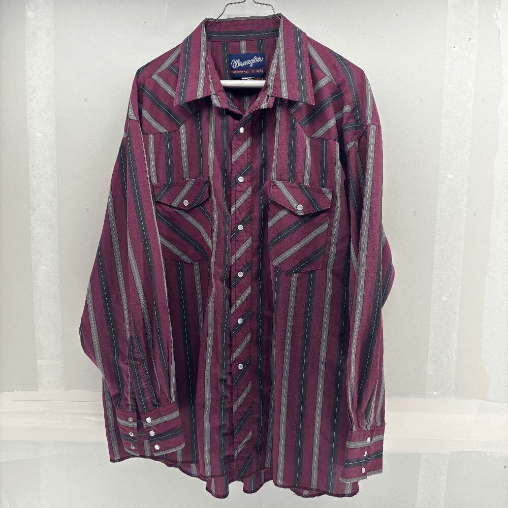 Vintage‎ Wrangler 90s Y2K Pearl Snap Long Sleeve Striped Long Tails XL Shirt